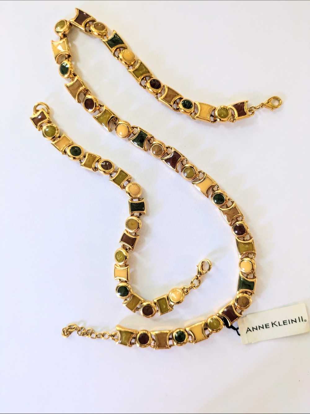 Vintage ANNE KLEIN Jewelry Set Square Enamel Articulated Link Necklace Bracelet